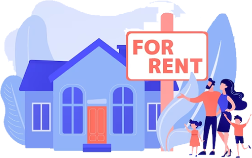 An illustration of a generic family standing next to a house with a ridiculously large for rent sign out front.